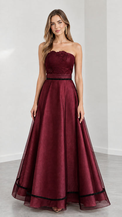 Model wearing Burgundy red strapless embroidered A-line evening dress