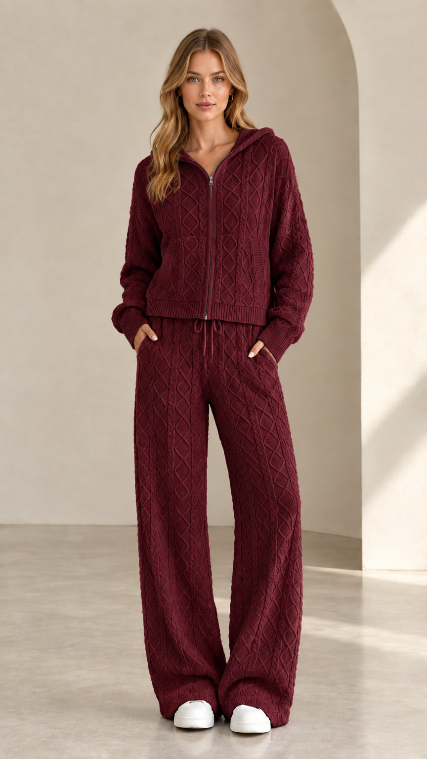 Women's burgundy cable knit zip-up hoodie and wide leg pants set