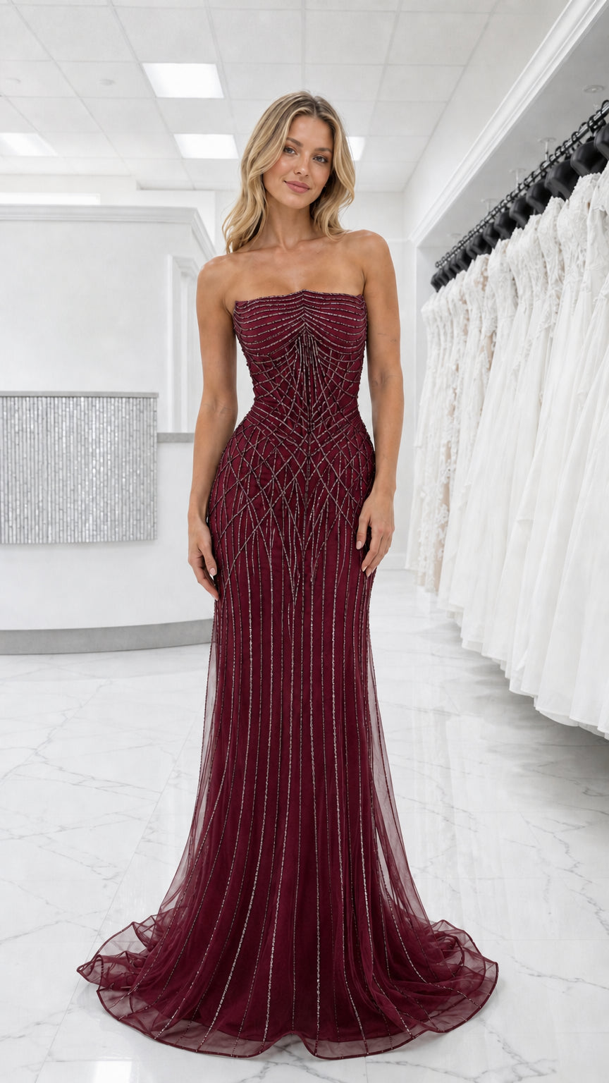 Front view of burgundy beaded strapless evening dress