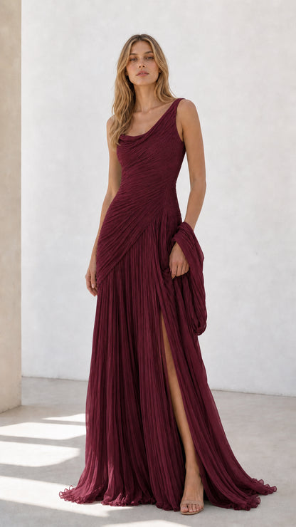 Full view of burgundy wine red pleated cowl neck evening dress