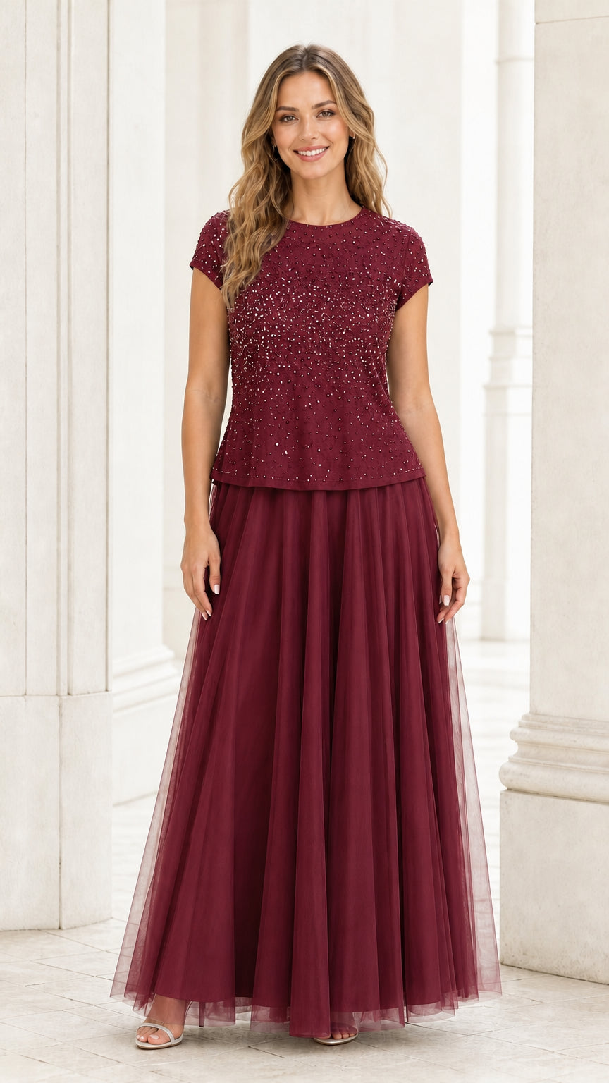 Full front view in rich burgundy