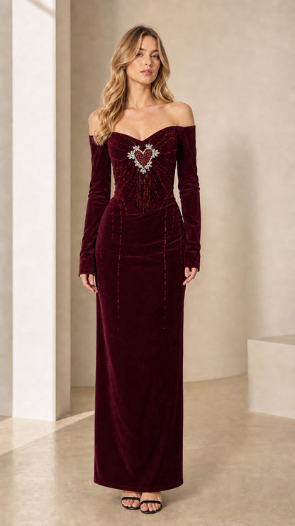 Burgundy wine red off-the-shoulder velvet evening gown with beaded heart bodice