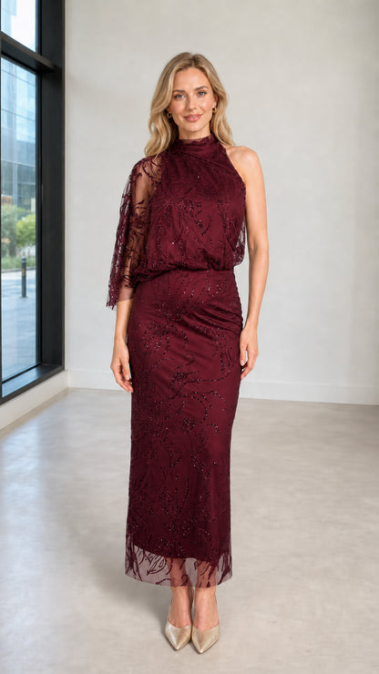 Front view of Burgundy elegant evening dress