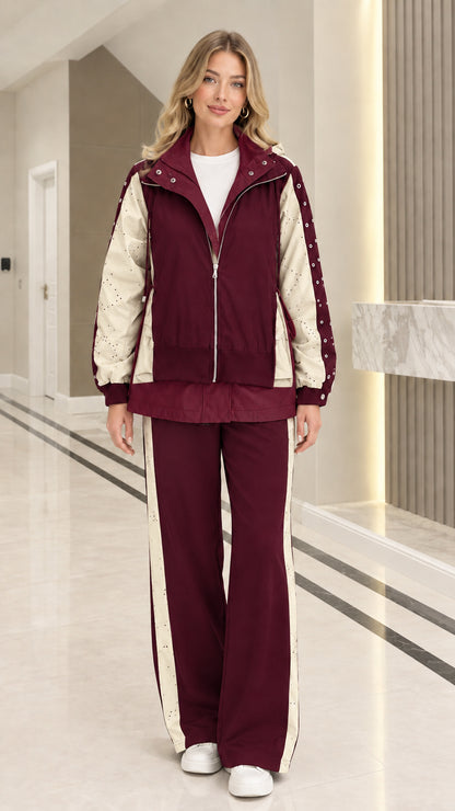 Full front view of woman wearing Burgundy colorblock 2-piece hooded tracksuit set