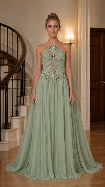 Sage green embellished halter formal gown with flowing chiffon-look skirt