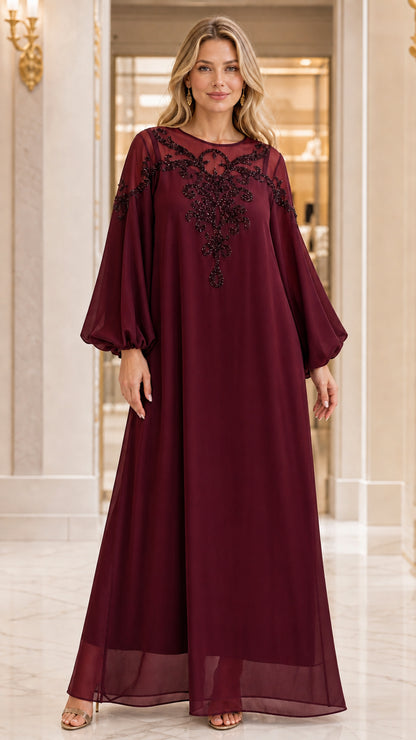 Full-length front view of woman wearing Burgundy wine beaded chiffon maxi gown