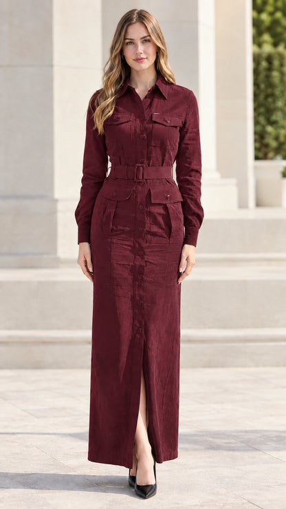 Model wearing burgundy wine red long sleeve belted utility maxi dress