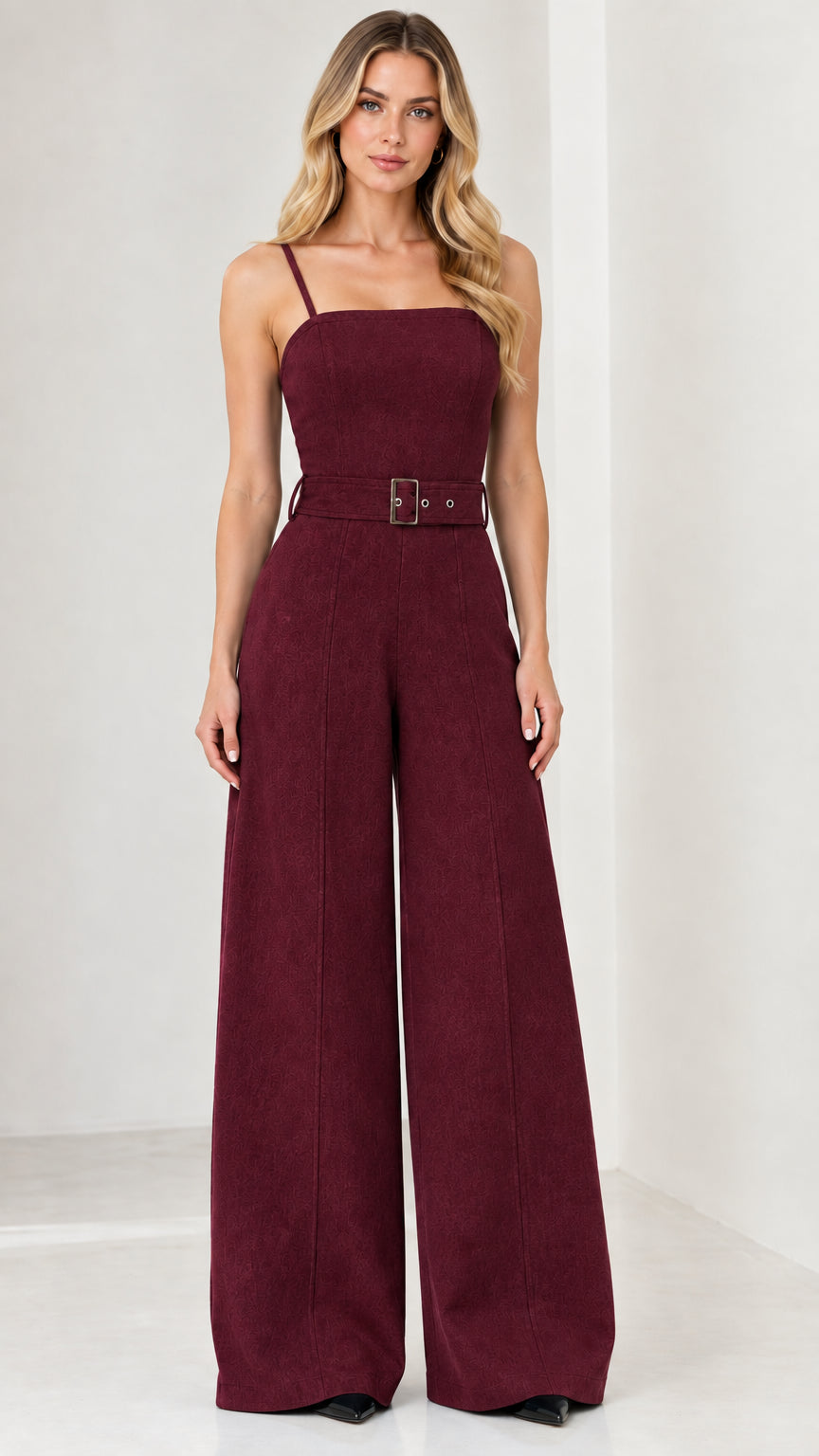 Front view of model wearing the belted wide-leg jumpsuit in burgundy