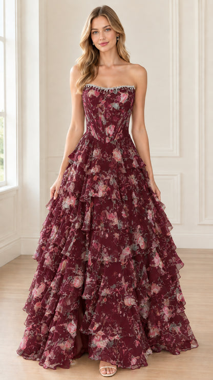 Front view of model wearing deep burgundy floral strapless tiered ball gown