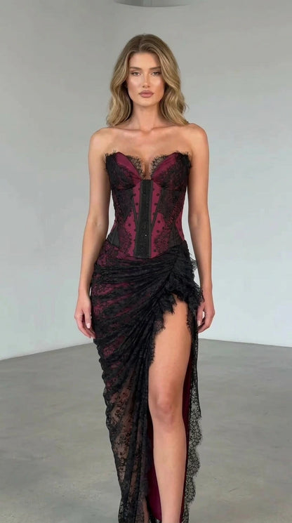 Front view of burgundy color variant maxi dress