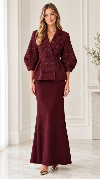 Full-length view of burgundy wine red tweed peplum blazer and matching maxi skirt set