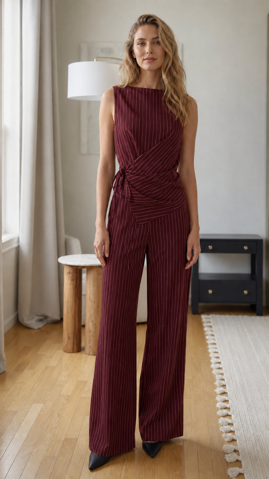Front view of woman wearing burgundy pinstripe jumpsuit