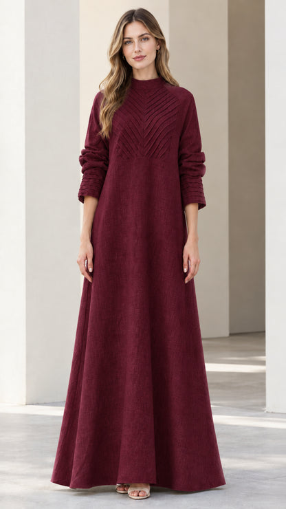 Front view of rich burgundy red pleated front mock neck maxi dress