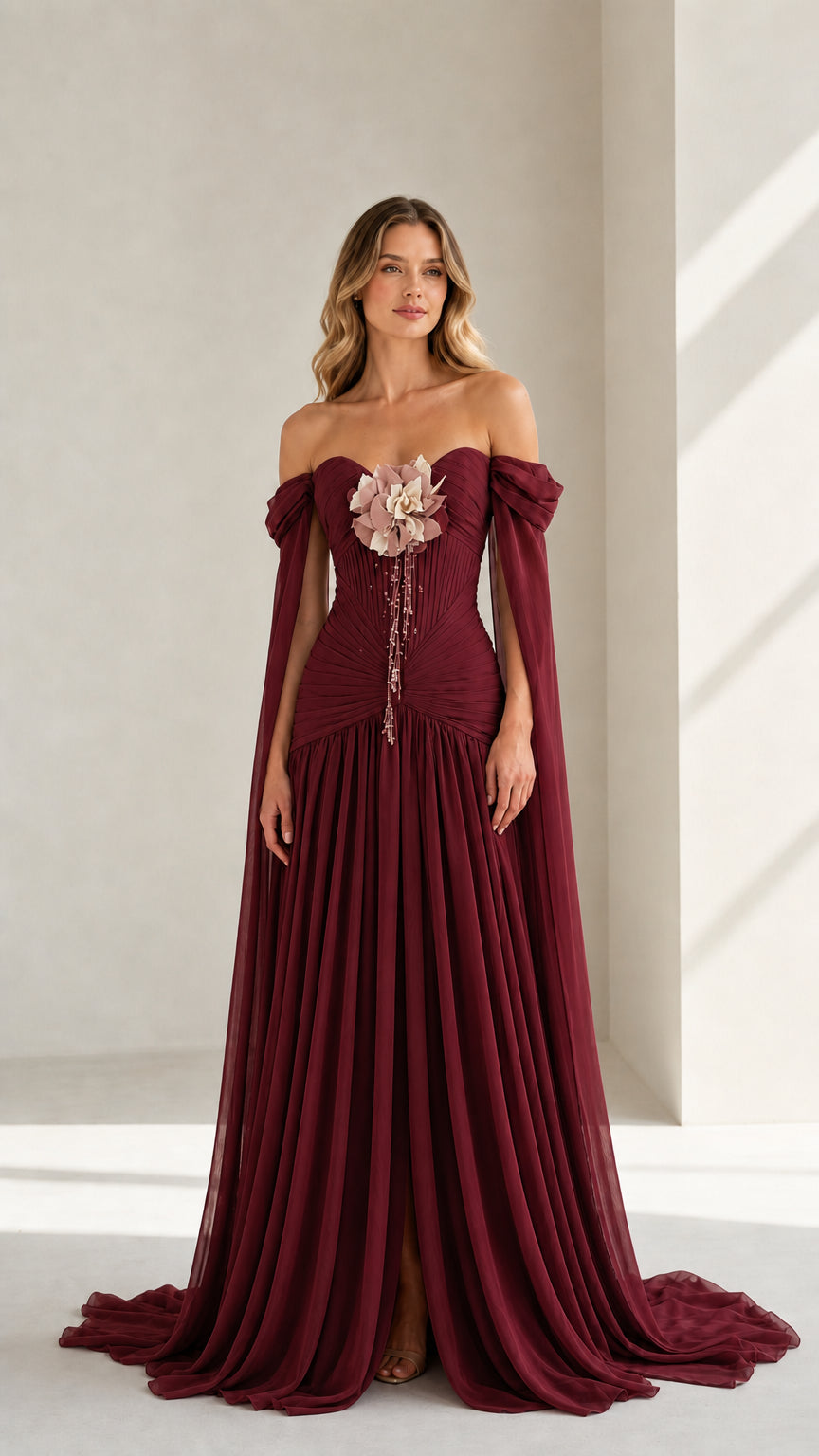 Front view of burgundy evening gown