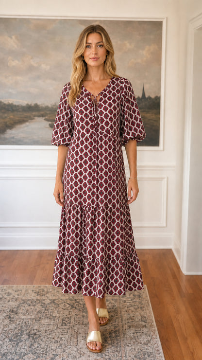 Front view of burgundy floral tiered midi dress