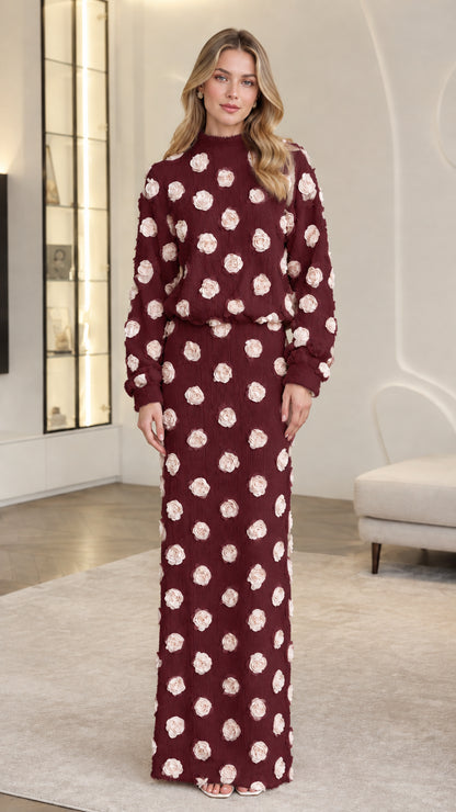 Front full-length view of woman wearing Burgundy wine 3D floral appliqué matching set
