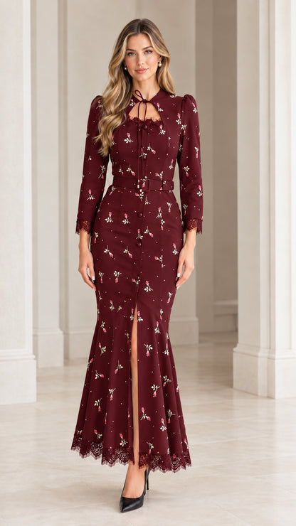 Burgundy wine floral mermaid maxi dress with matching belt and lace accents