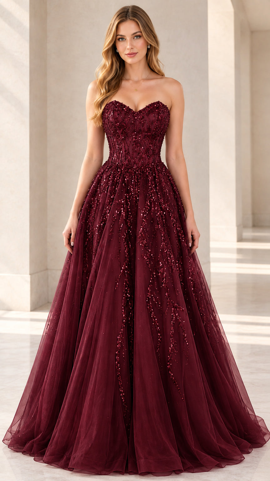 Burgundy wine red strapless sequin tulle formal dress