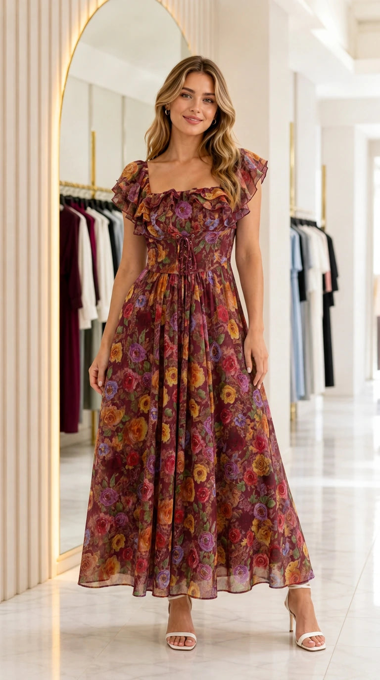 Model wearing Burgundy Floral ruffle sleeve maxi dress