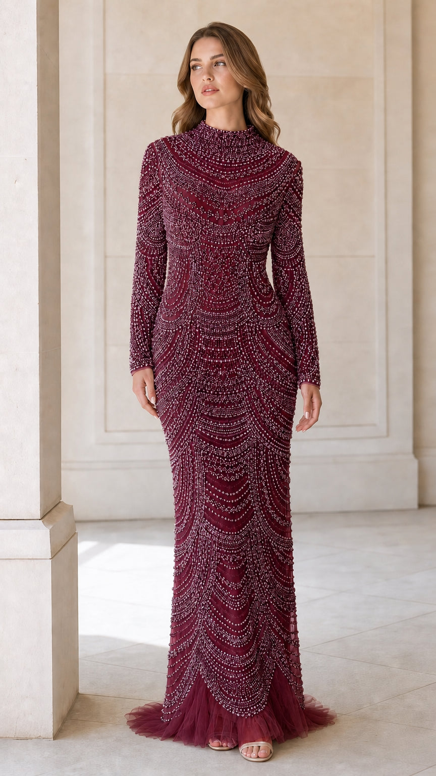 Front view of Burgundy wine pearl beaded long sleeve evening gown