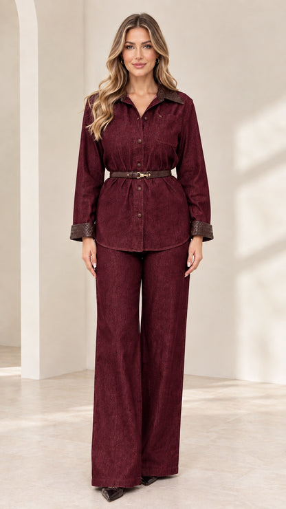 Front view of model wearing Burgundy wine red belted two-piece matching pant set