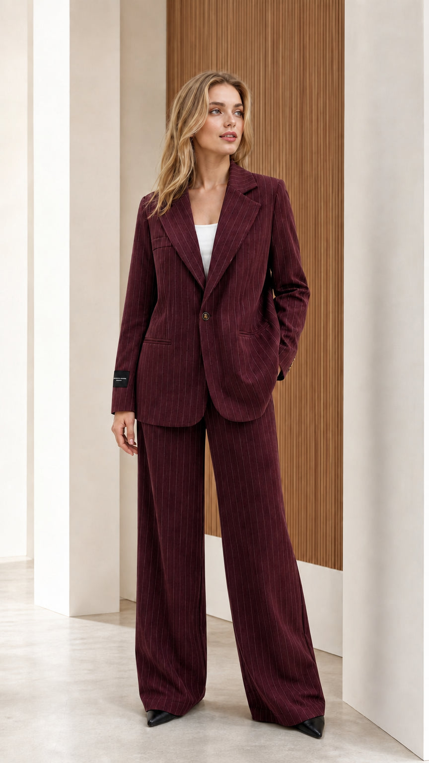 Model wearing deep burgundy wine pinstripe blazer and wide-leg trousers set