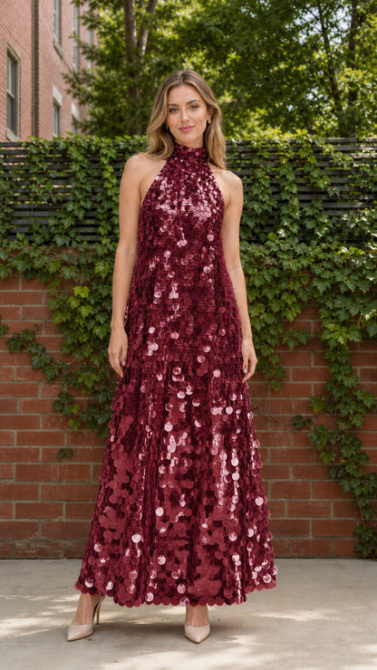 Model wearing burgundy wine red high neck sequin paillette evening maxi gown