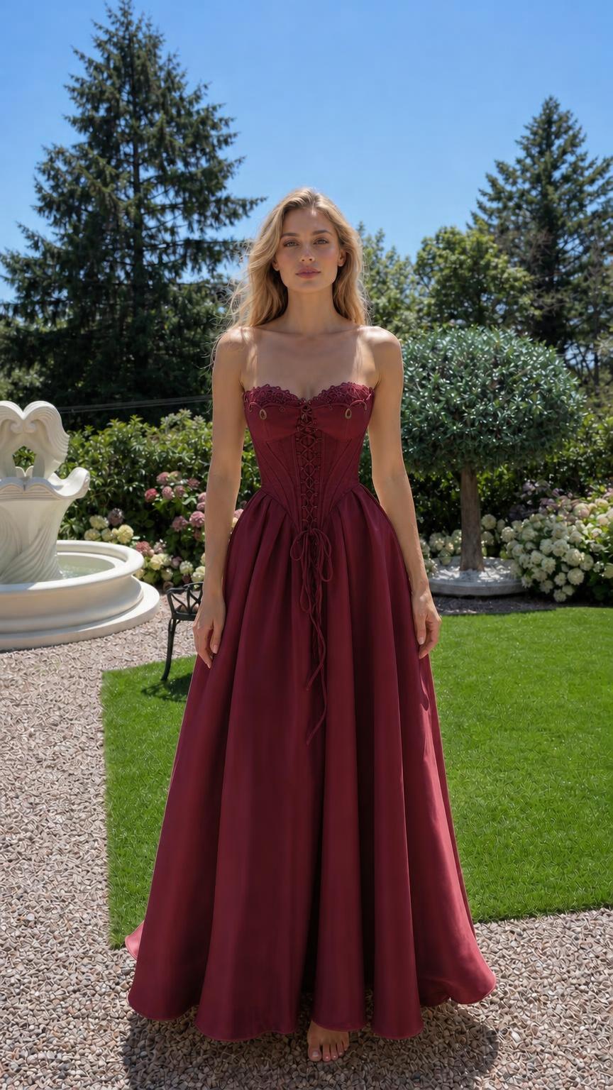 Front view of burgundy corset maxi dress