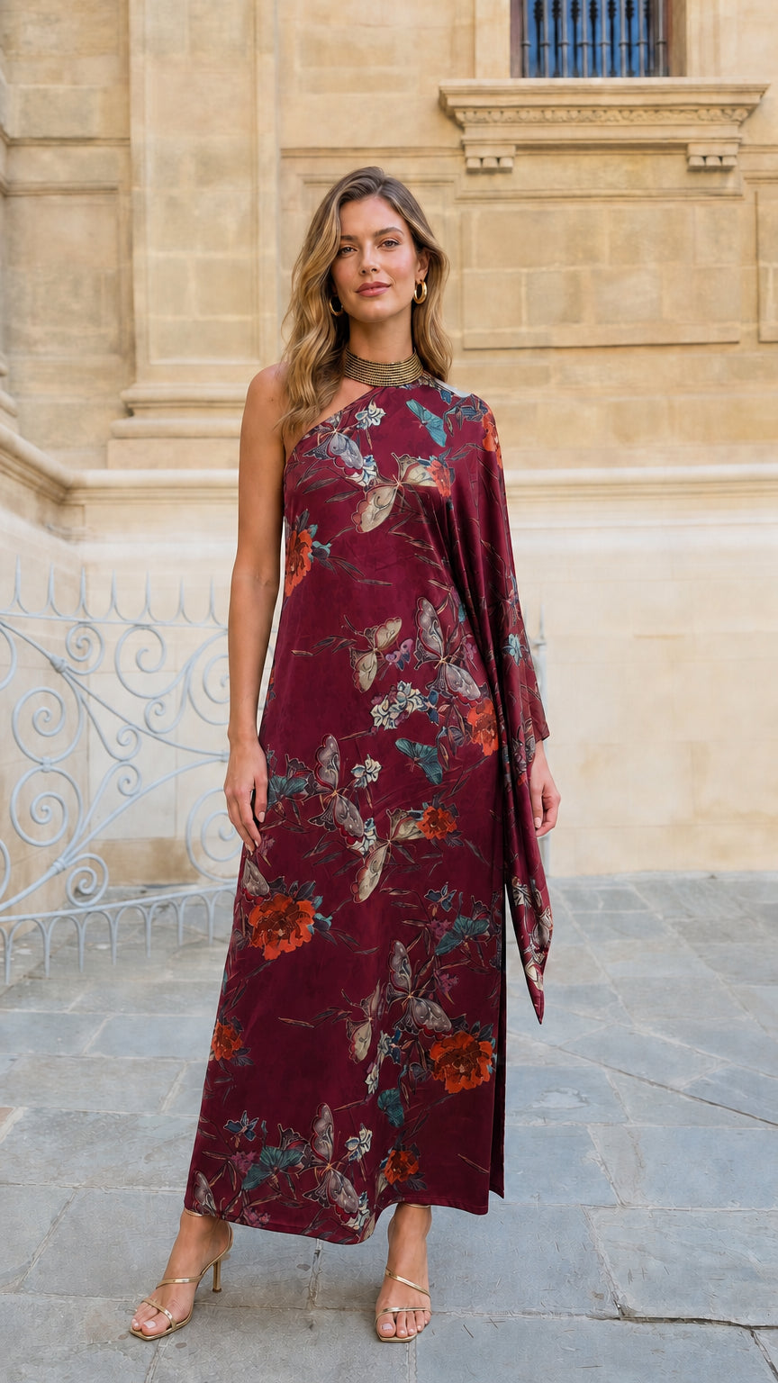 Front view of model wearing burgundy floral one-shoulder draped maxi dress