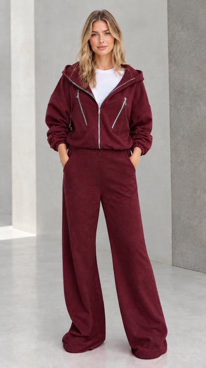 Women's burgundy red zip-up hoodie and wide leg pants tracksuit set