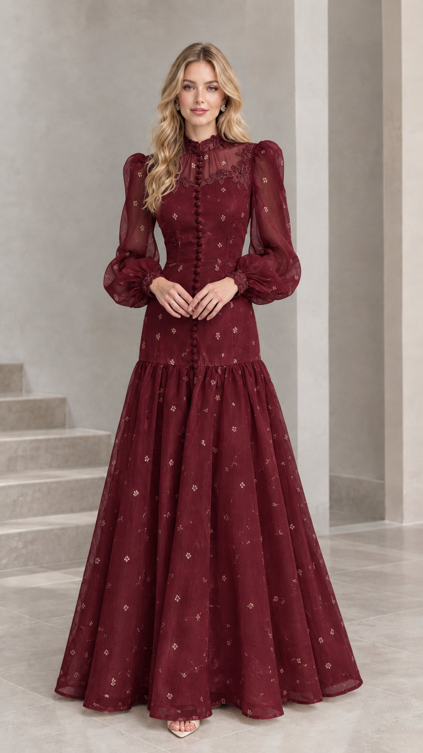 Full-length front view of Burgundy long sleeve lace evening dress