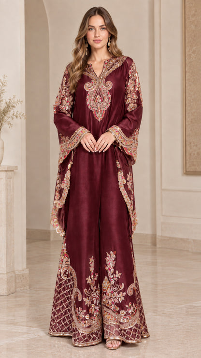 Burgundy wine embroidered tunic top and wide-leg trousers set