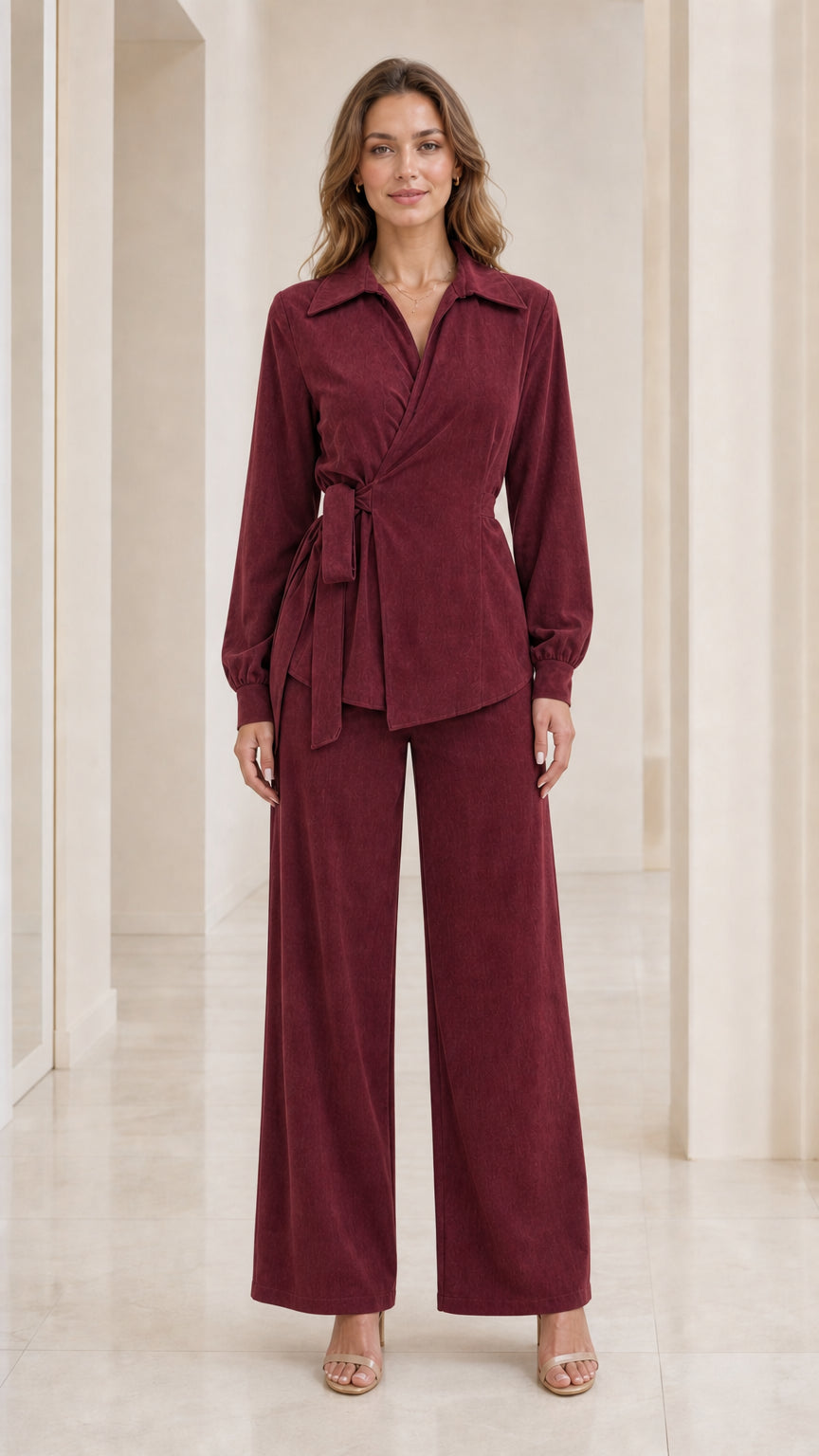Front view of woman wearing burgundy wrap blouse and wide-leg trousers