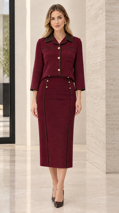 Front view of burgundy wine red two-piece skirt suit with dark contrast piping