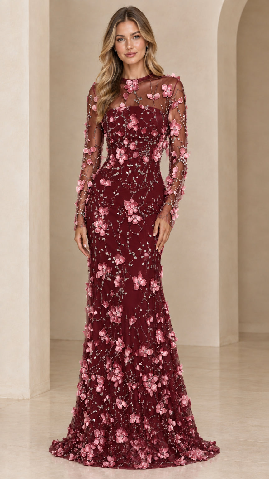 Burgundy wine 3D floral appliqué long sleeve evening maxi dress