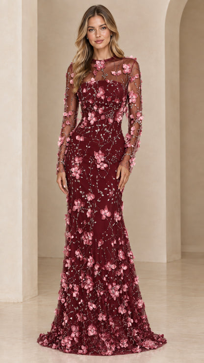 Burgundy wine 3D floral appliqué long sleeve evening maxi dress