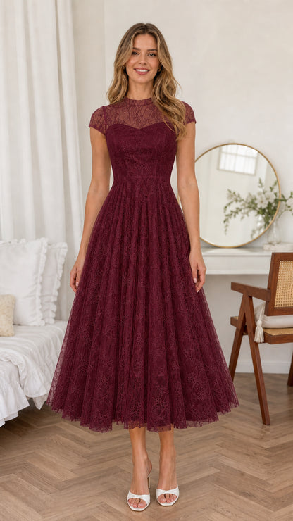 Front view of woman wearing Burgundy wine lace cocktail midi dress