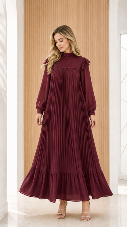 Burgundy wine mock neck pleated maxi dress with beaded details
