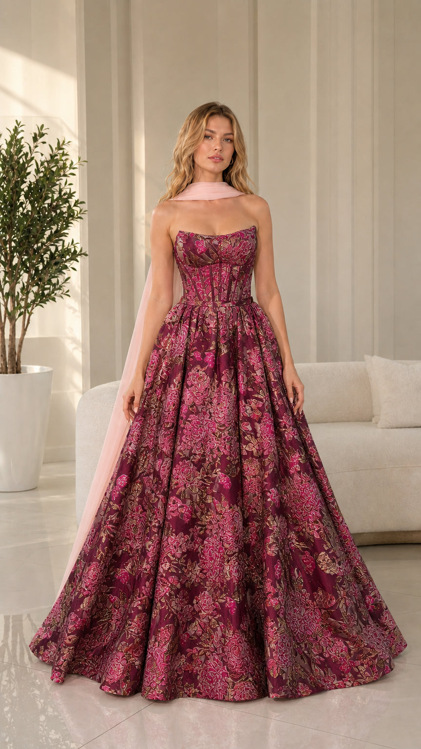 Model wearing burgundy floral brocade ball gown
