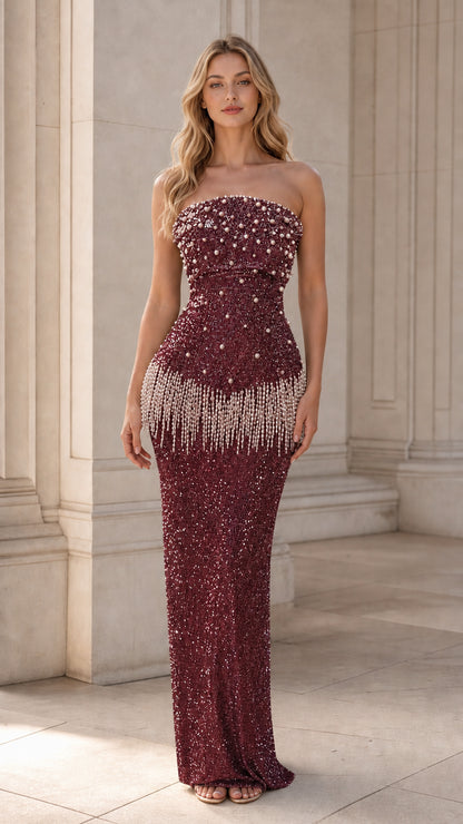 Burgundy wine red strapless sequin gown with pearl fringe beading
