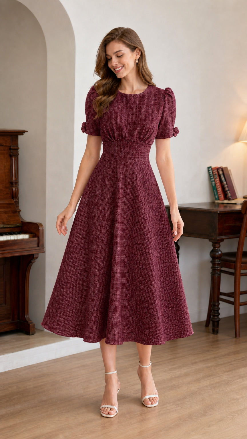 Woman wearing burgundy wine red short-sleeve A-line midi dress front view