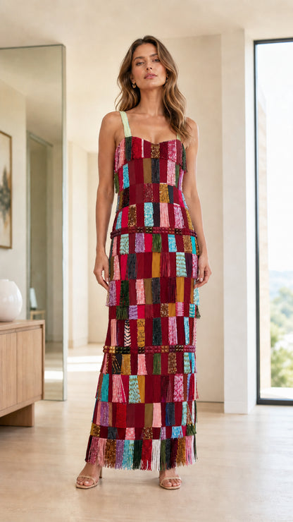 Burgundy multi color variant of beaded fringe maxi dress