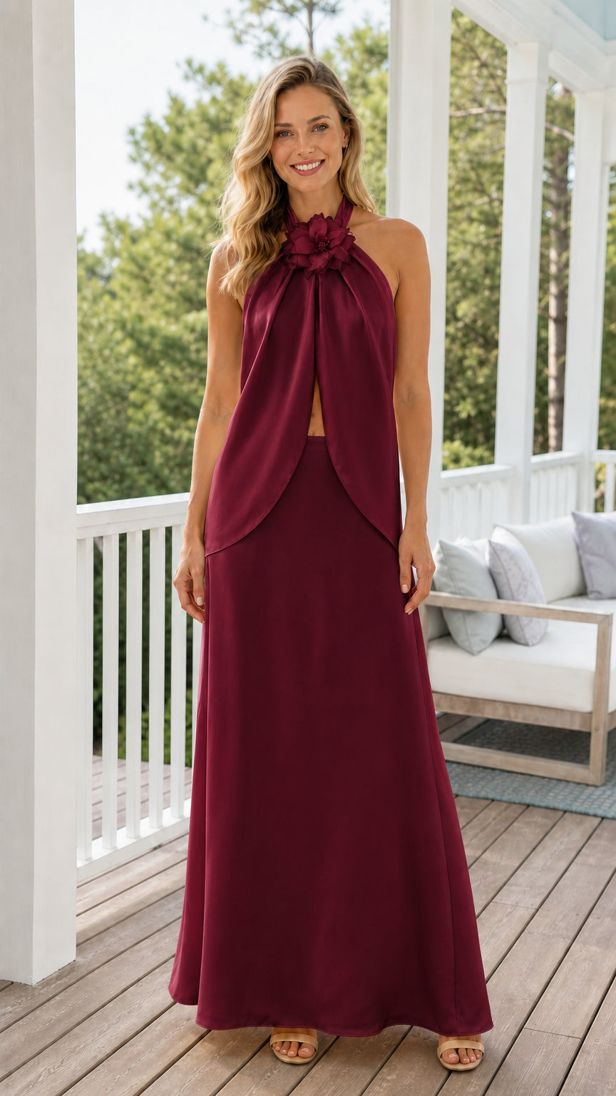 Burgundy wine red halter neck floral top and flowing maxi skirt