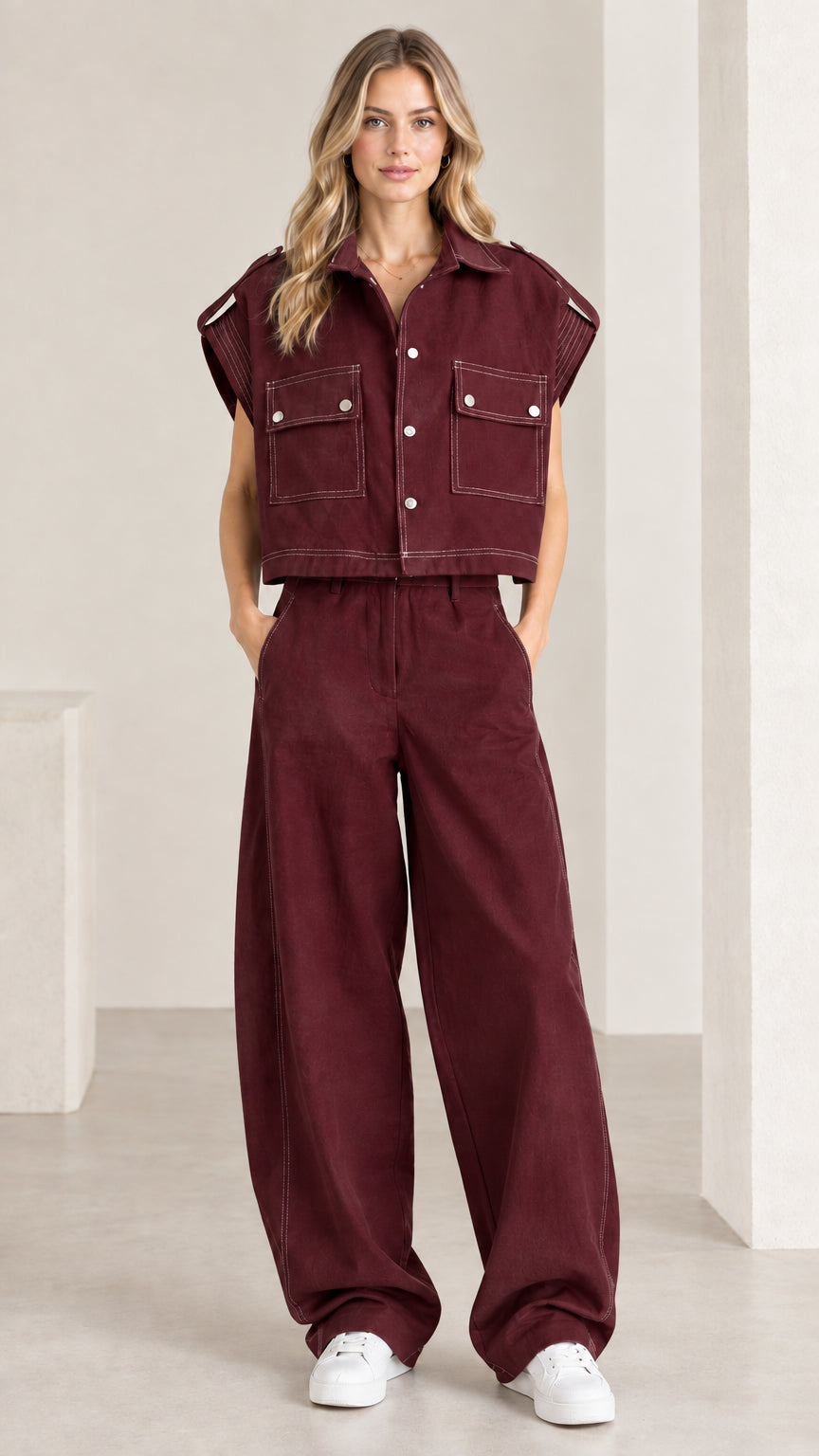 Front view of woman wearing burgundy utility cropped shirt and wide-leg pant set