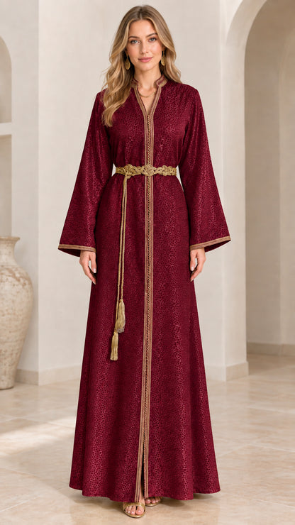 Front full view of woman wearing Burgundy wine-red Moroccan kaftan maxi dress