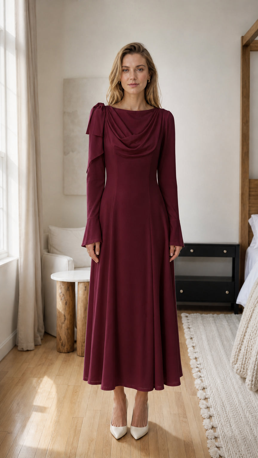 Front view of model wearing burgundy cowl neck midi dress