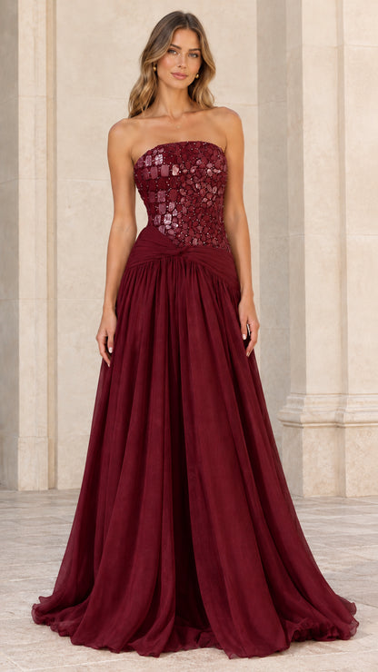 Front view of strapless embellished evening dress in Burgundy