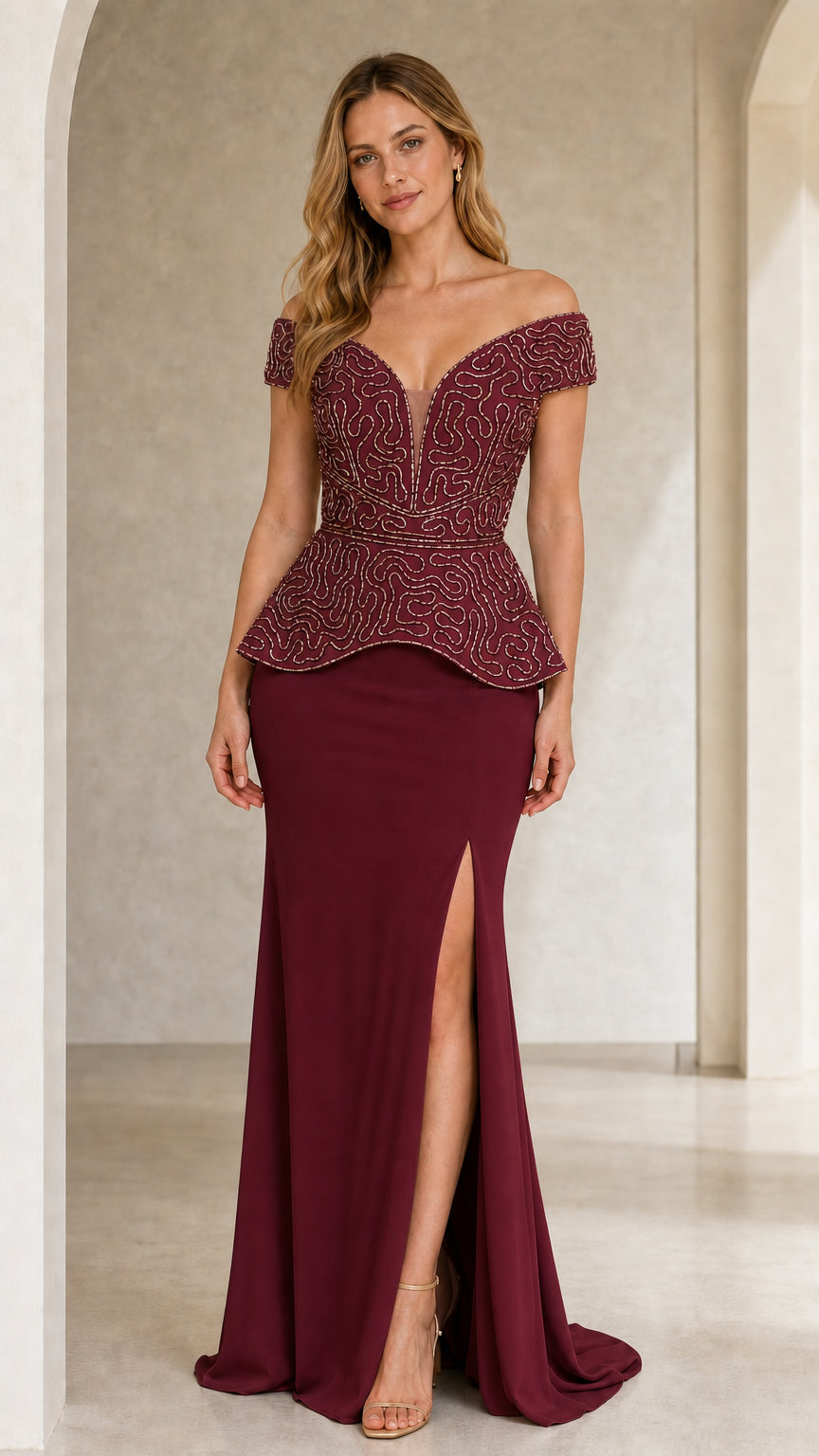 Front view of rich burgundy wine off-the-shoulder peplum gown with slit