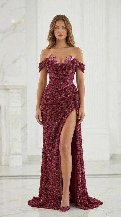 Front view of model in burgundy beaded evening gown