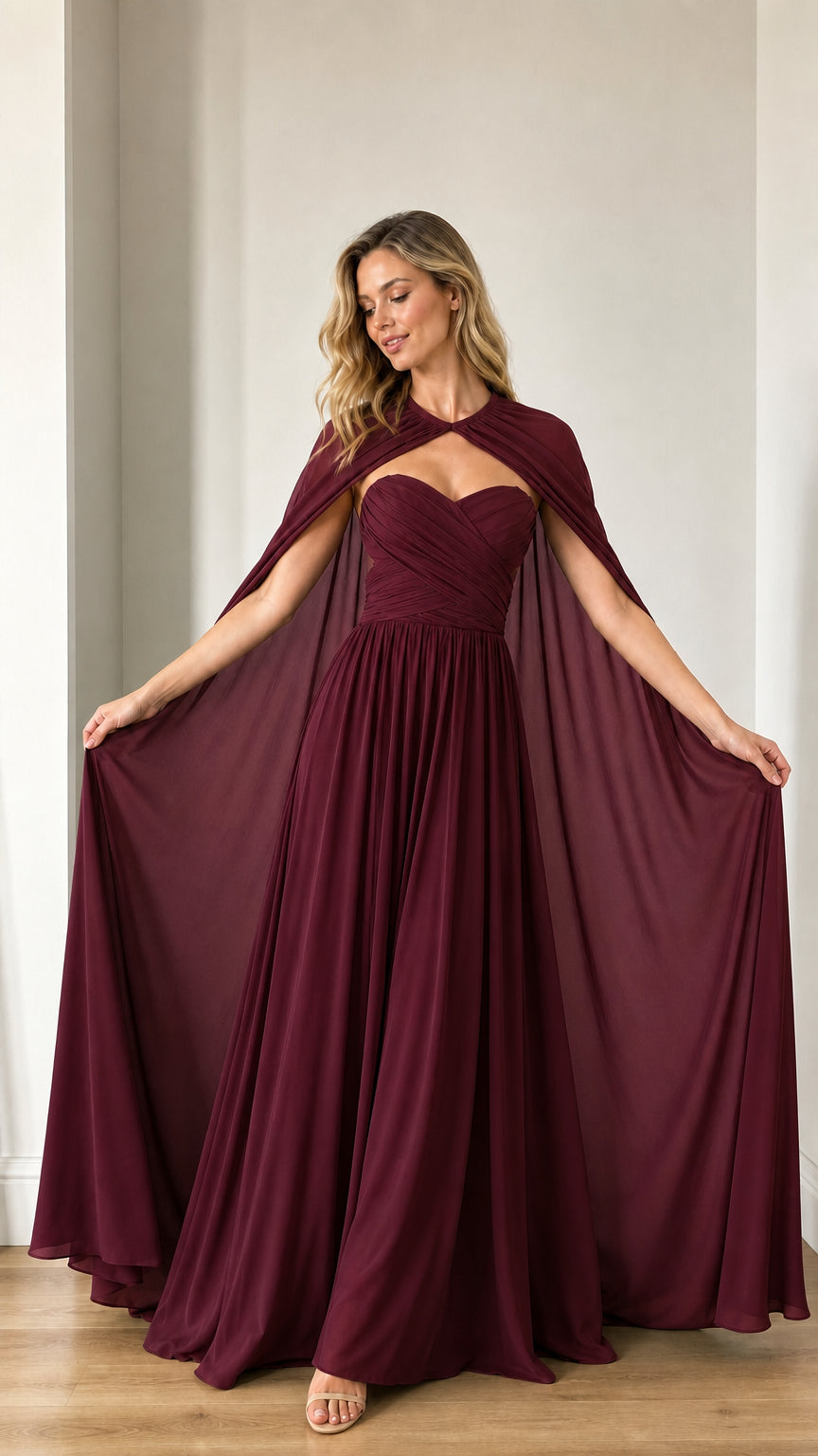 Front view of burgundy evening dress with attached cape